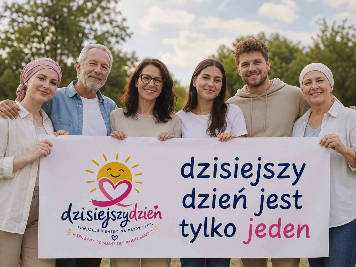 Osoby trzymające banner z logo fundacji