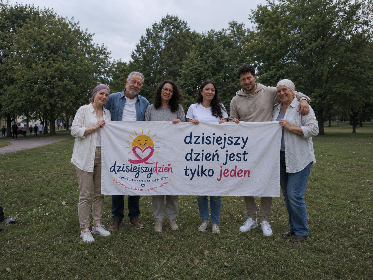 Ludzie stojący w parku z banerem Fundacji Dzisiejszy Dzień